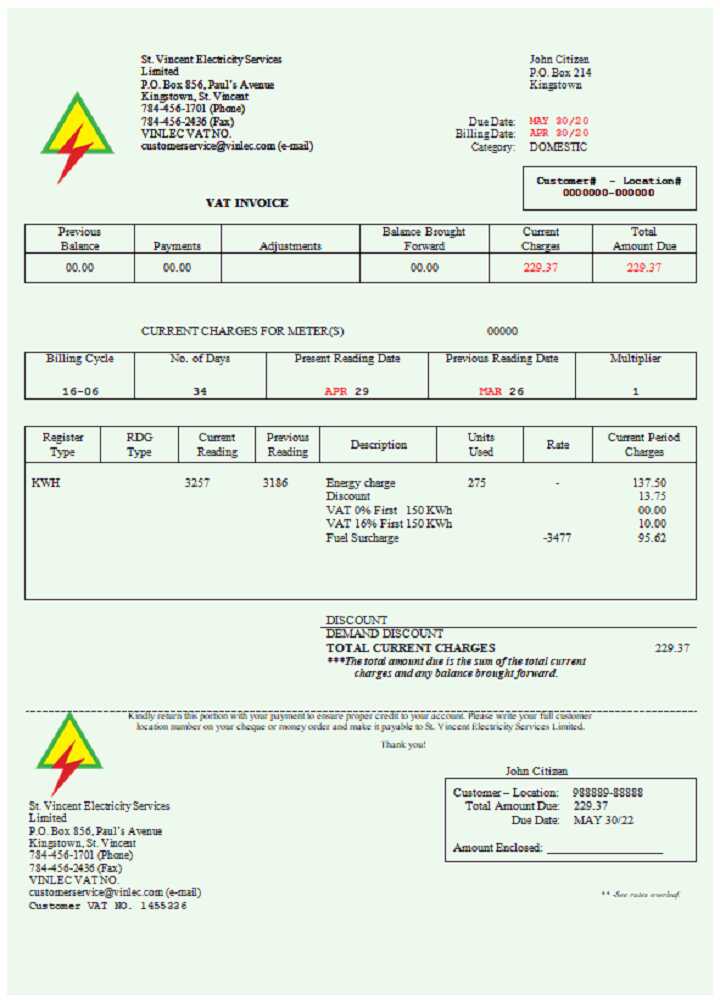 Saint Vincent and the Grenadines St. Vincent Electricity Services Limited utility bill Word and PDF template